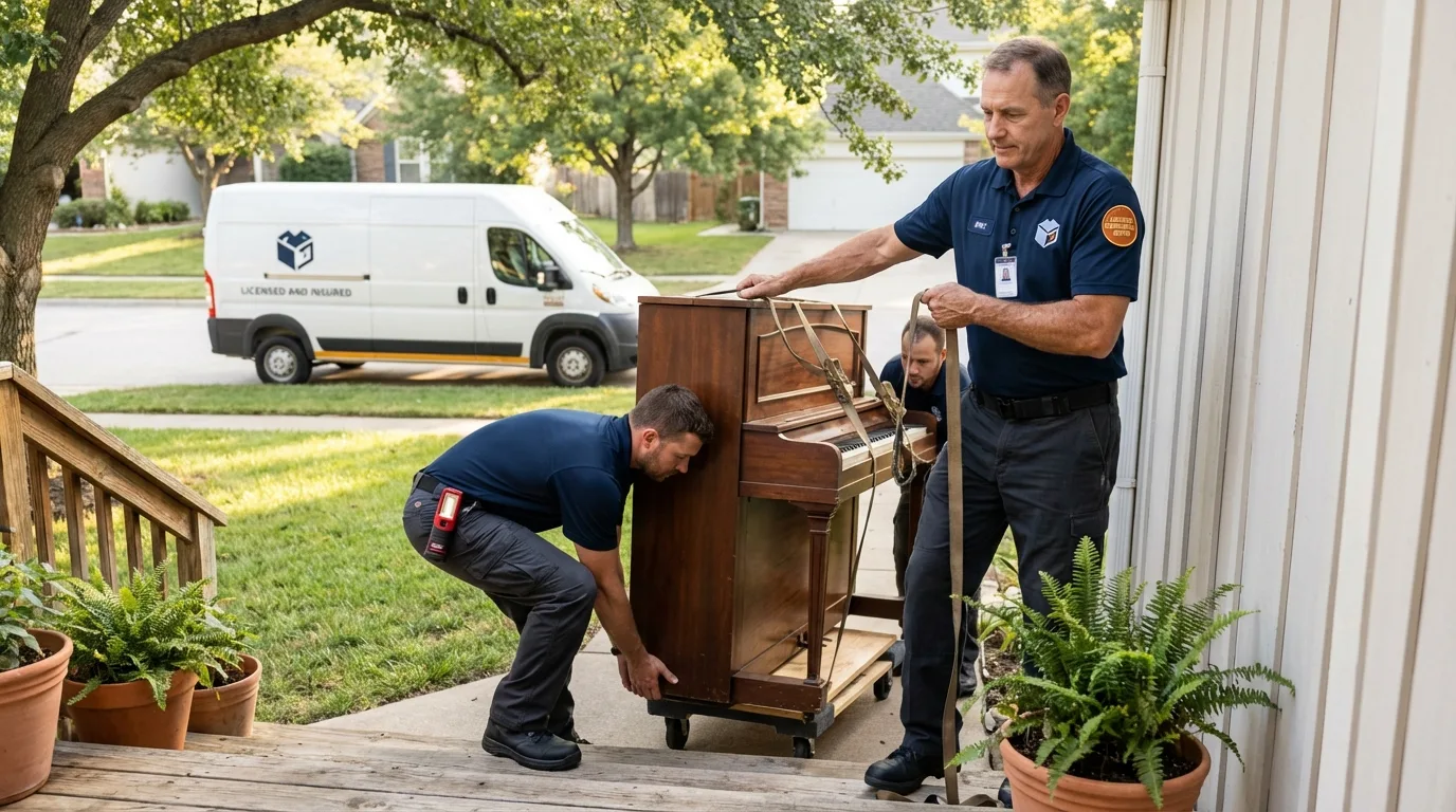 Licensed piano movers securing grand piano in Eudora, AR